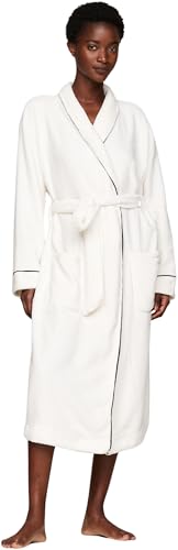 Tommy Hilfiger Albornoz Mujer Fleece Robe con Bolsillos, Blanco (Ivory), S