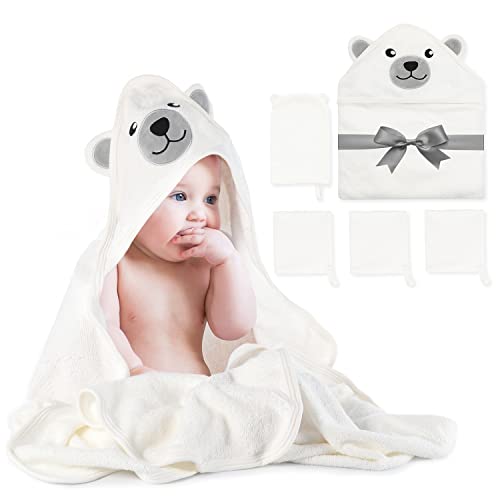 momcozy Bambú Juego de Toallas de Baño para Bebé, Toalla Bebe Capucha 1 Pieza, Toalla Bebe 3 Piezas, Guante de Baño para Bebé 1 Pieza, Suave, Transpirable, Adecuado para Niñas y Niños