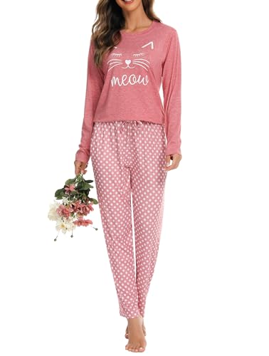 Vlazom Pijama Mujer Invierno Algodon Pijama Mujer Manga Larga de Cuello Redondo (B-Rosa,S)