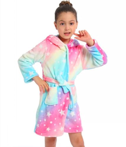 Z-YQL Albornoz de unicornio para niñas, bata suave con capucha para dormir, camisón con capucha de forro polar cómodo de franela colorida, Rosa arcoíris., 6-7 años