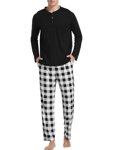 Vlazom Pijama Hombre Invierno Algodon Pijamas Largo Hombre,L,A-Negro