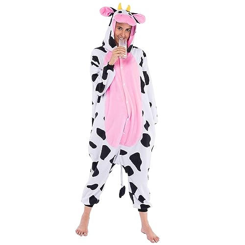 Spooktacular Creations - Pijama Unisex para Adulto, Mono de Peluche de una Pieza, Disfraz de Animal de Vaca (Grande)