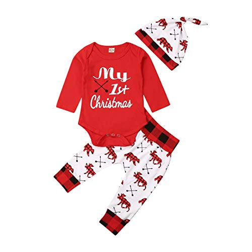 Geagodelia Conjunto de Navidad para Recién Nacido Traje Navideño Mameluco de Manga Larga + Pantalones Largos para Niños Niñas Pequeños Ropa Pijama de Hogar (Rojo Blanco A, 0-3 meses)