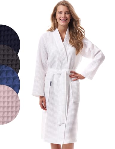 Morgenstern Albornoz Mujer Ducha Diseño de Gofre Kimono Bata de Piqué Algodón Blanco Talla 42/44