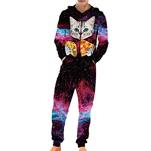 Chickwin Pijama de una Pieza con Capucha de Hombre, Unisexo Gato Impresión 3D Trabajo Sudadera Jumpsuit Pijama Manga LargaCierre de Cremallera Playsuit Fiesta Adulto (L,Pizza Gato)