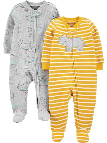 Simple Joys by Carter's 2-Pack 2-Way Zip Cotton Footed Sleep and Play Dormir para bebés y niños pequeños, Amarillo Hipopótamo/Gris Vaca, 3-6 Meses (Pack de 2)