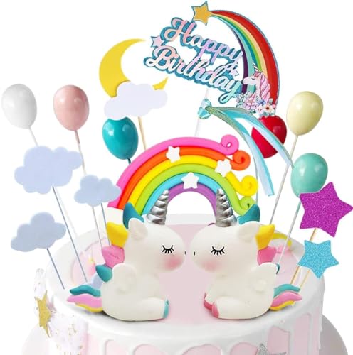 iZoeL Adorno Tarta Unicornio Happy Birthday Banderines Globos Arcoiris Estrella Cake Topper Decorar Tartas Infantiles Niñas