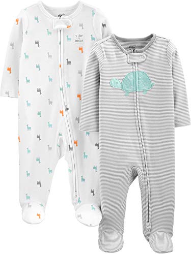 Simple Joys by Carter's Neutral 2-Pack Cotton Footed Sleep and Play Pijamas para bebés y niños pequeños, Blanco Llama/Gris Tortuga, 6-9 Meses (Pack de 2) Unisex bebé