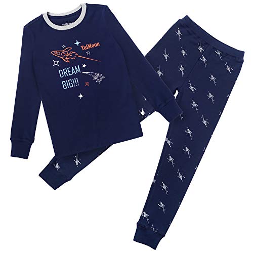 TaiMoon Niños Pijama, Ropa de Dormir Invierno Algodón Manga Larga Conjunto de Pijama Edades 6-14 años (Azul Marino, 4-5 años)