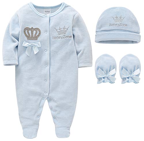 kavkas Baby Footies - Conjunto de pijama de terciopelo para recién nacidos con gorro y guantes, 0-12 meses