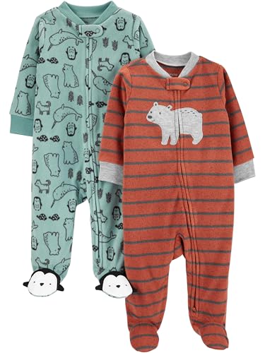 Simple Joys by Carter's 2-Pack Fleece Footed Sleep and Play Mamelucos para bebés y niños pequeños, Rouille Rayas/Verde Abeto Animales del Bosque, 0 Meses (Pack de 2)