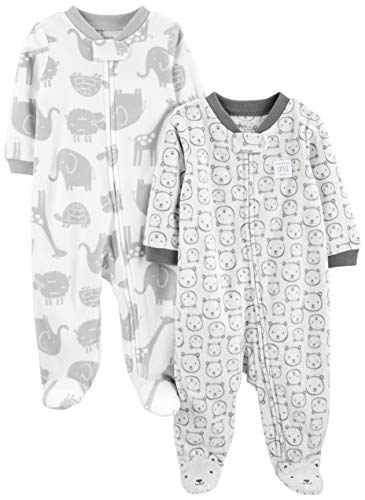 Simple Joys by Carter's 2-Pack Neutral Fleece Footed Sleep and Play Mamelucos para bebés y niños pequeños, Gris Elefante/Oso, Prematuro (Pack de 2)