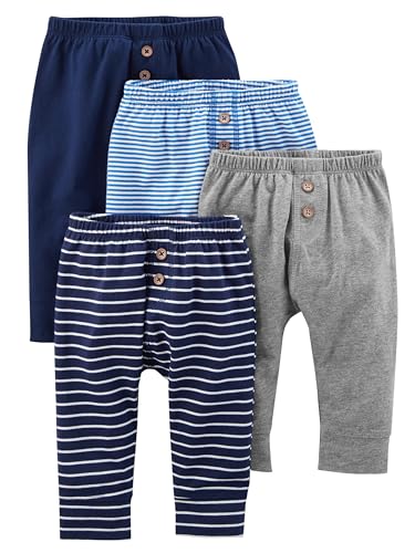 Simple Joys by Carter's 4-Pack Neutral Pant Pantalones, Azul/Azul Marino/Gris Mezcla/Rayas, 12 Meses (Pack de 4) Unisex-Baby